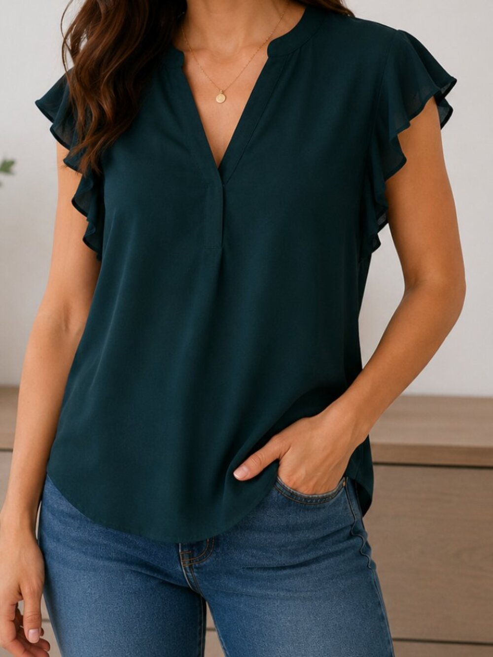 Calvin Klein Dark Teal Green Ruffled Sleeve V-Neck  Medium Blouse